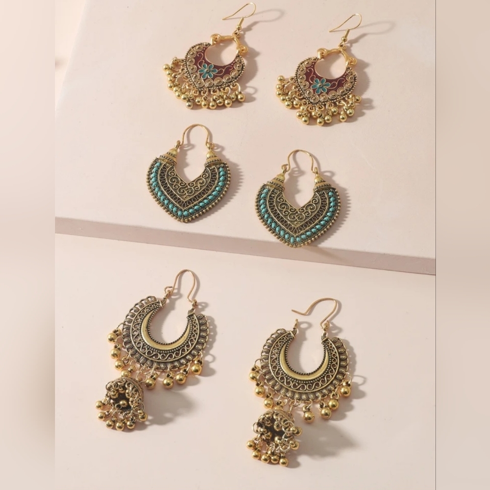 NWT 3 peice antique gold jhumka set/ 3 peice hoop earrings/ Indian jewelry - Picture 2 of 3